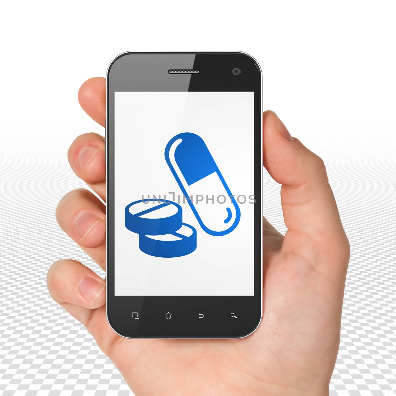 Healthcare concept: Hand Holding Smartphone with  blue Pills icon on display,  Tag Cloud background, 3d rendering