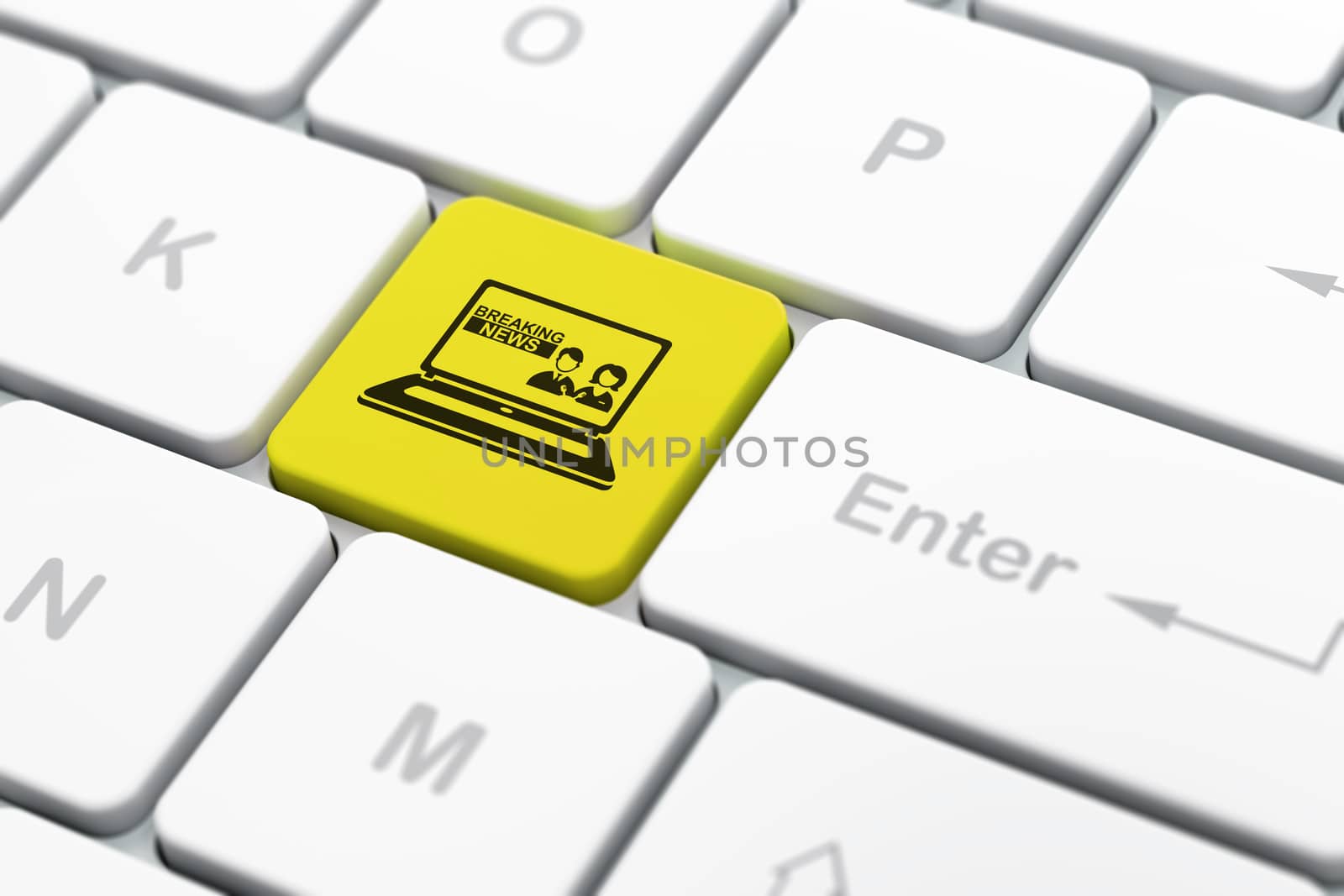 News concept: computer keyboard with Breaking News On Laptop icon on enter button background, selected focus, 3d rendering