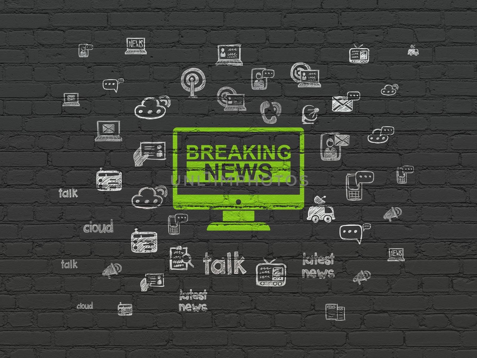 News concept: Painted green Breaking News On Screen icon on Black Brick wall background with  Hand Drawn News Icons