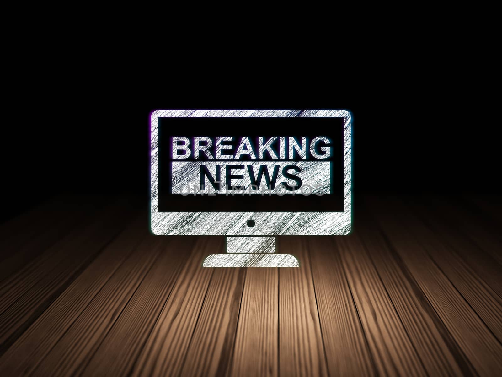News concept: Glowing Breaking News On Screen icon in grunge dark room with Wooden Floor, black background