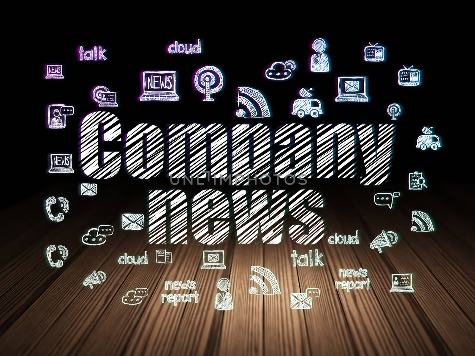 News concept: Glowing text Company News,  Hand Drawn News Icons in grunge dark room with Wooden Floor, black background