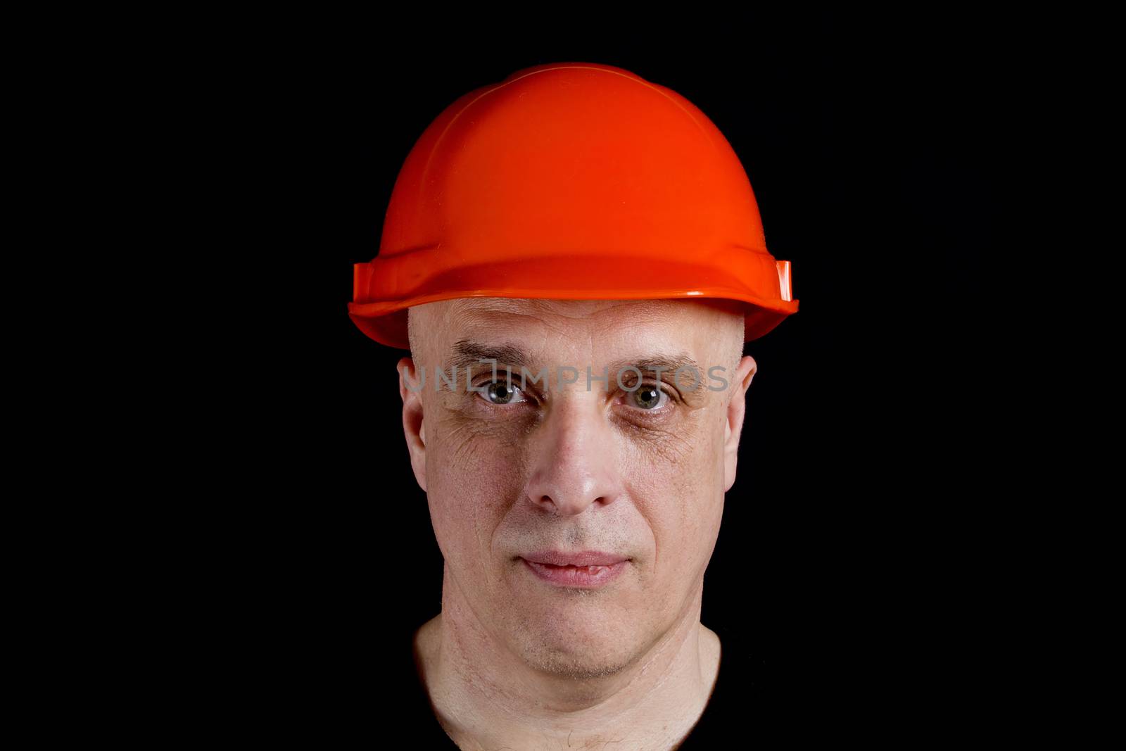 Construction worker in hard hat on gray background by VIPDesignUSA