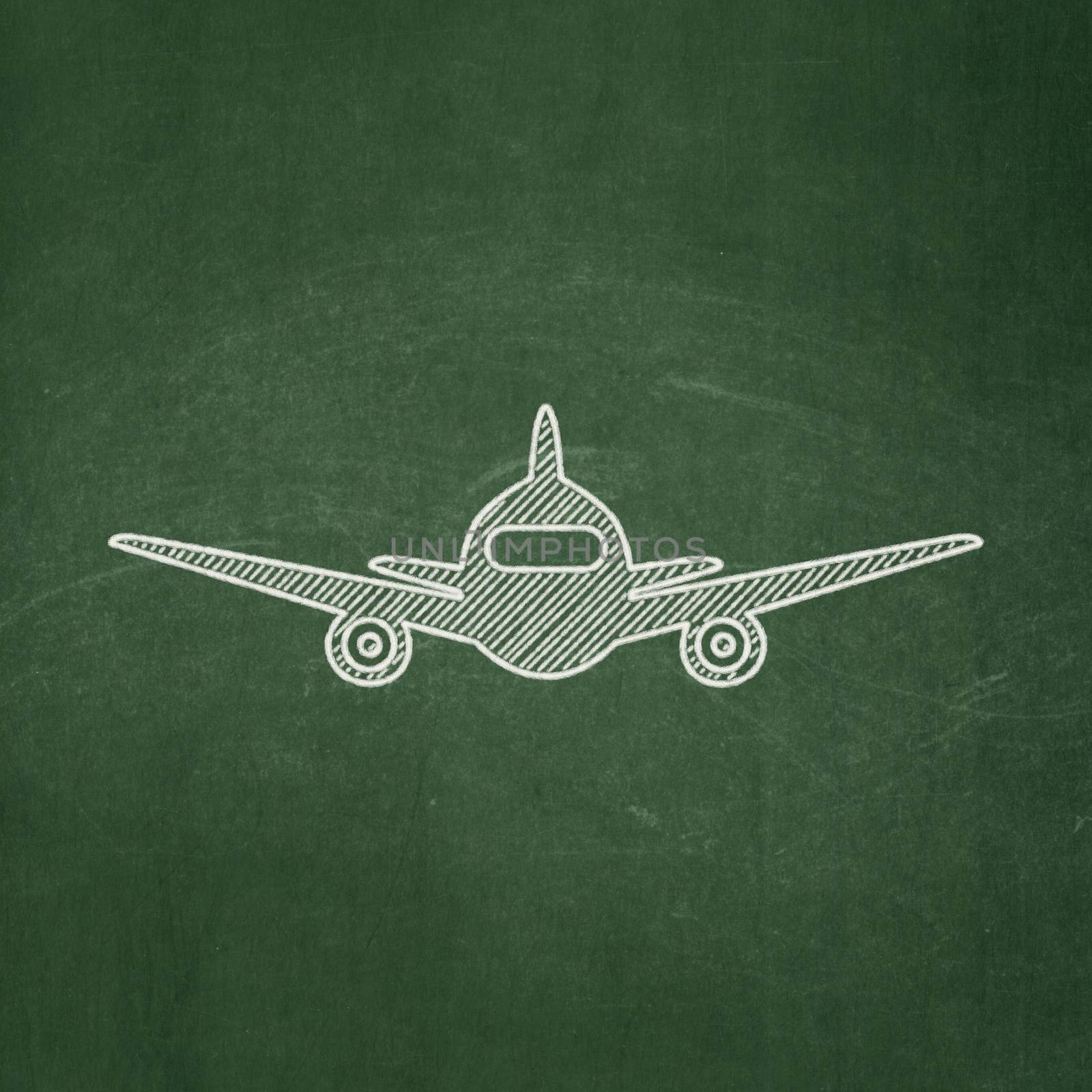 Tourism concept: Aircraft on chalkboard background by maxkabakov