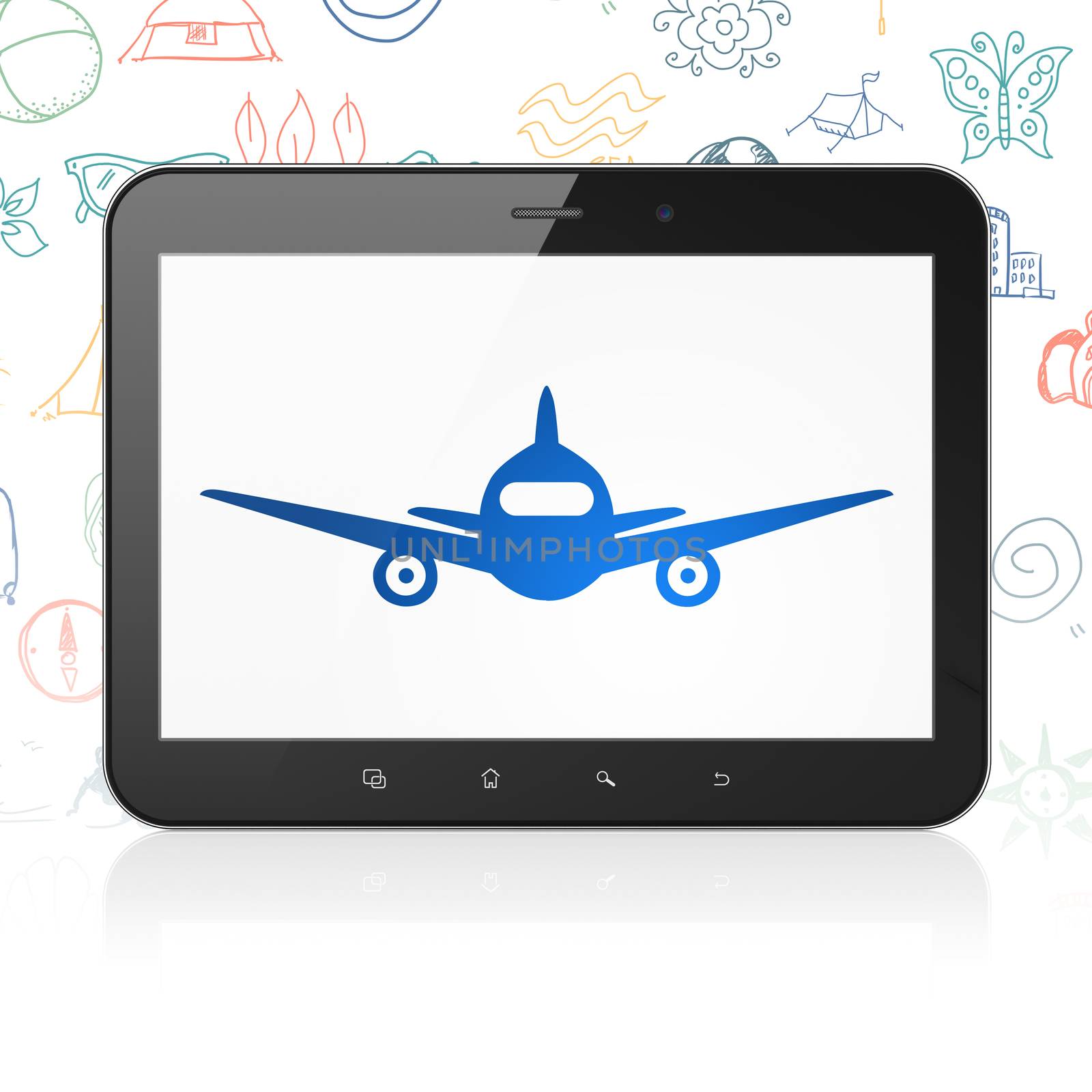 Travel concept: Tablet Computer with  blue Aircraft icon on display,  Hand Drawn Vacation Icons background