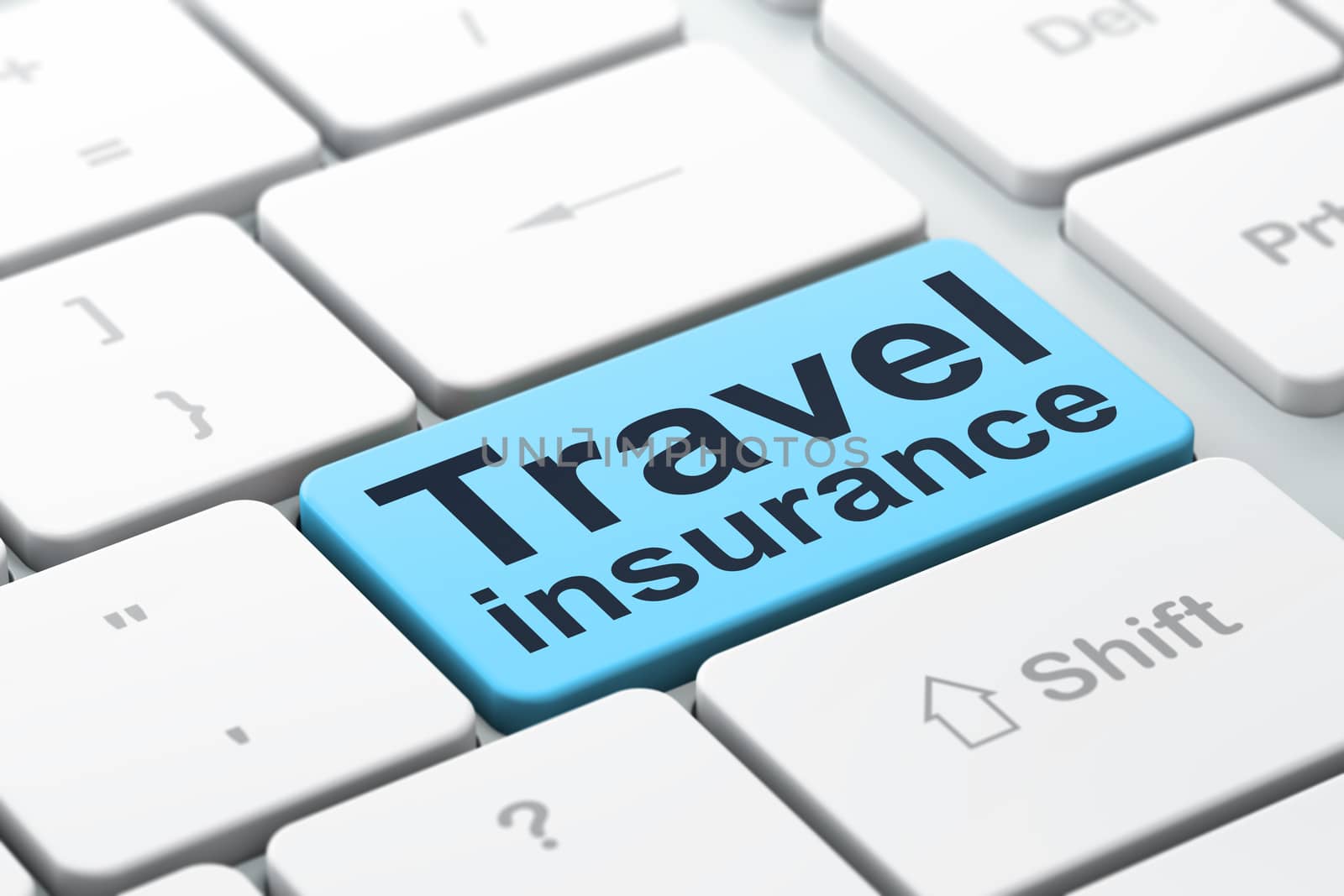 Insurance concept: computer keyboard with word Travel Insurance, selected focus on enter button background, 3d render
