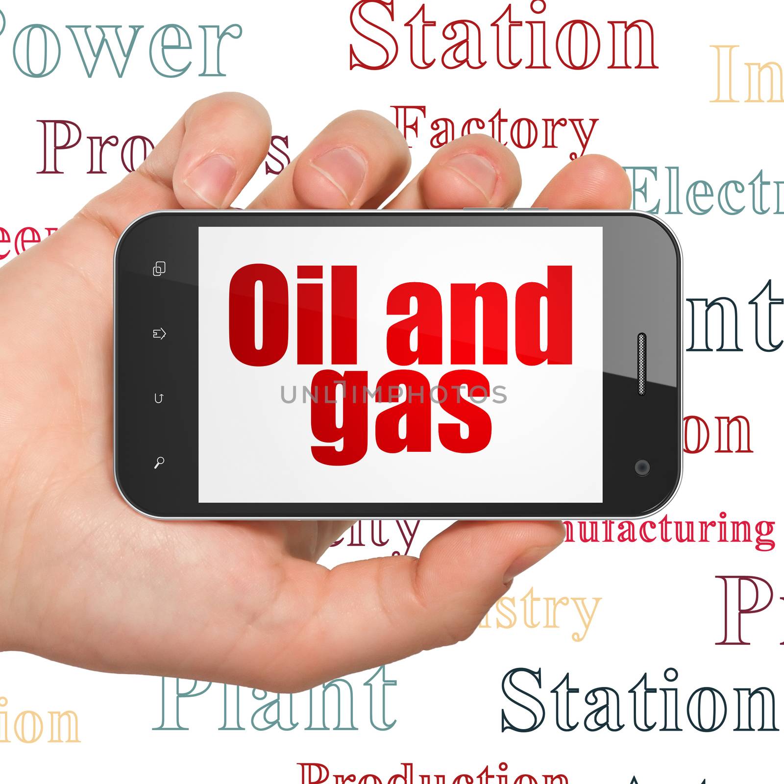 Industry concept: Hand Holding Smartphone with Oil and Gas on display by maxkabakov