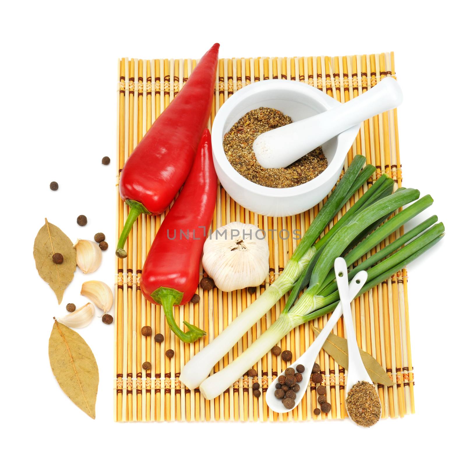 Vegetables and spices isolated on white background