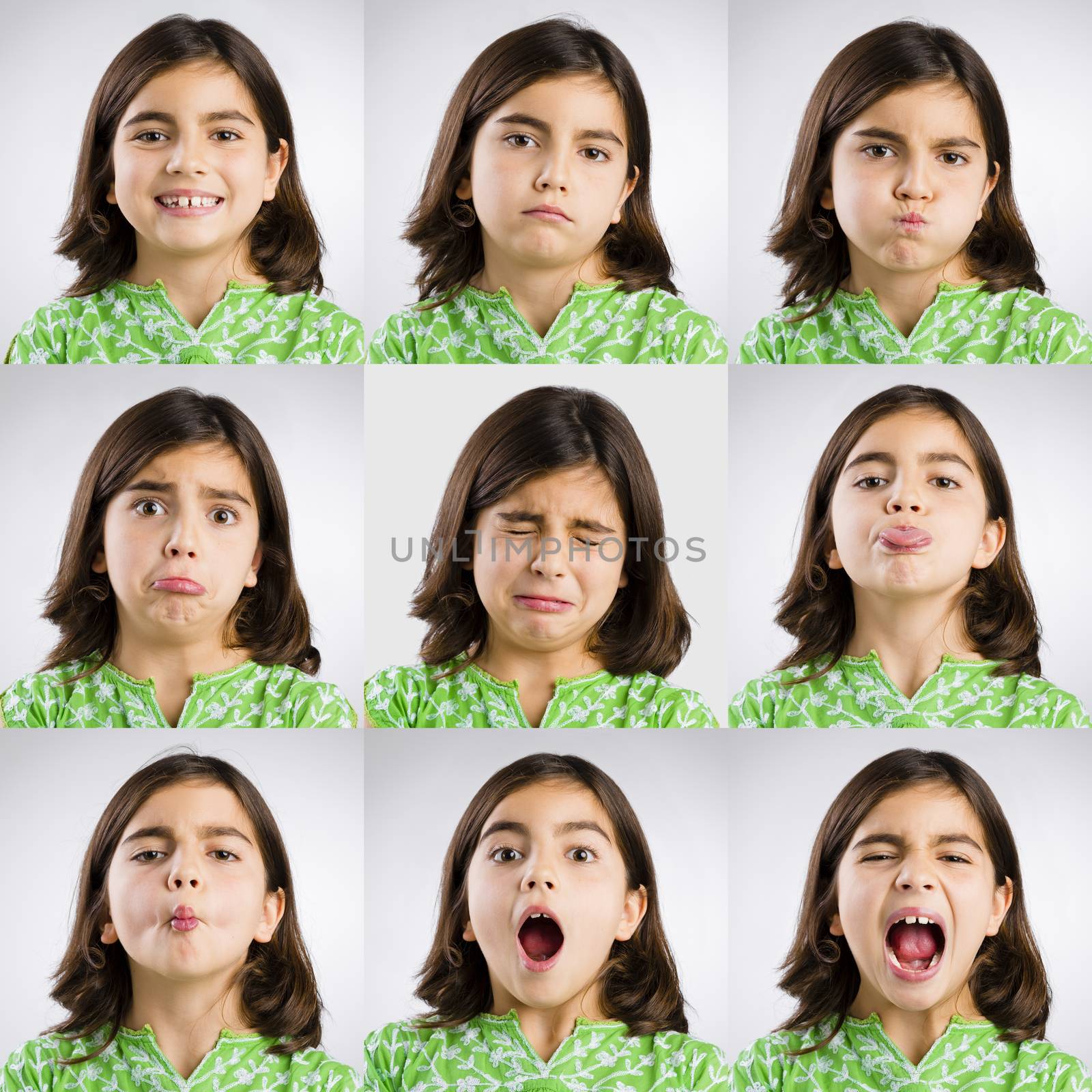 Multiple portraits of the same little girl making diferent expressions