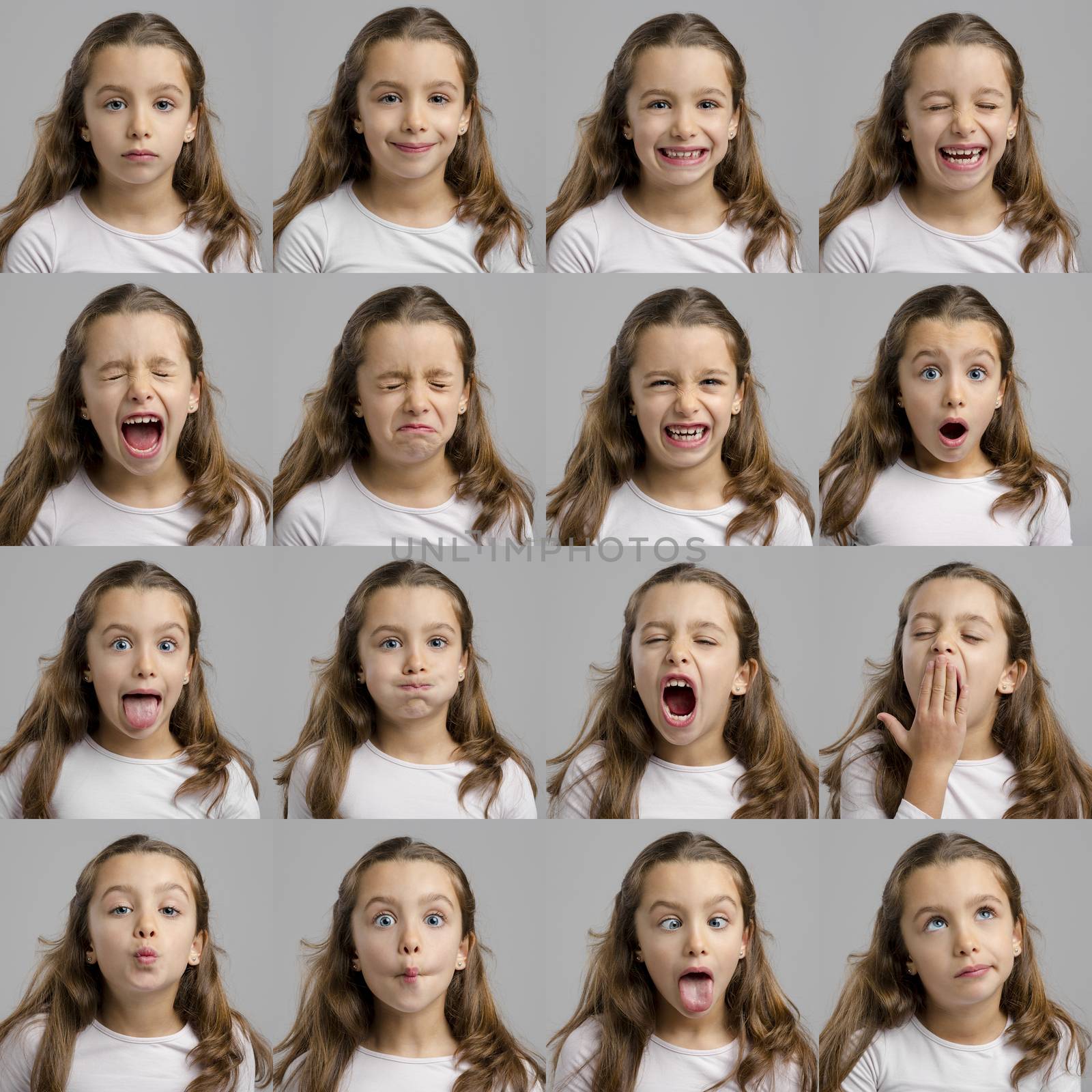 Multiple portraits of the same little girl making diferent expressions