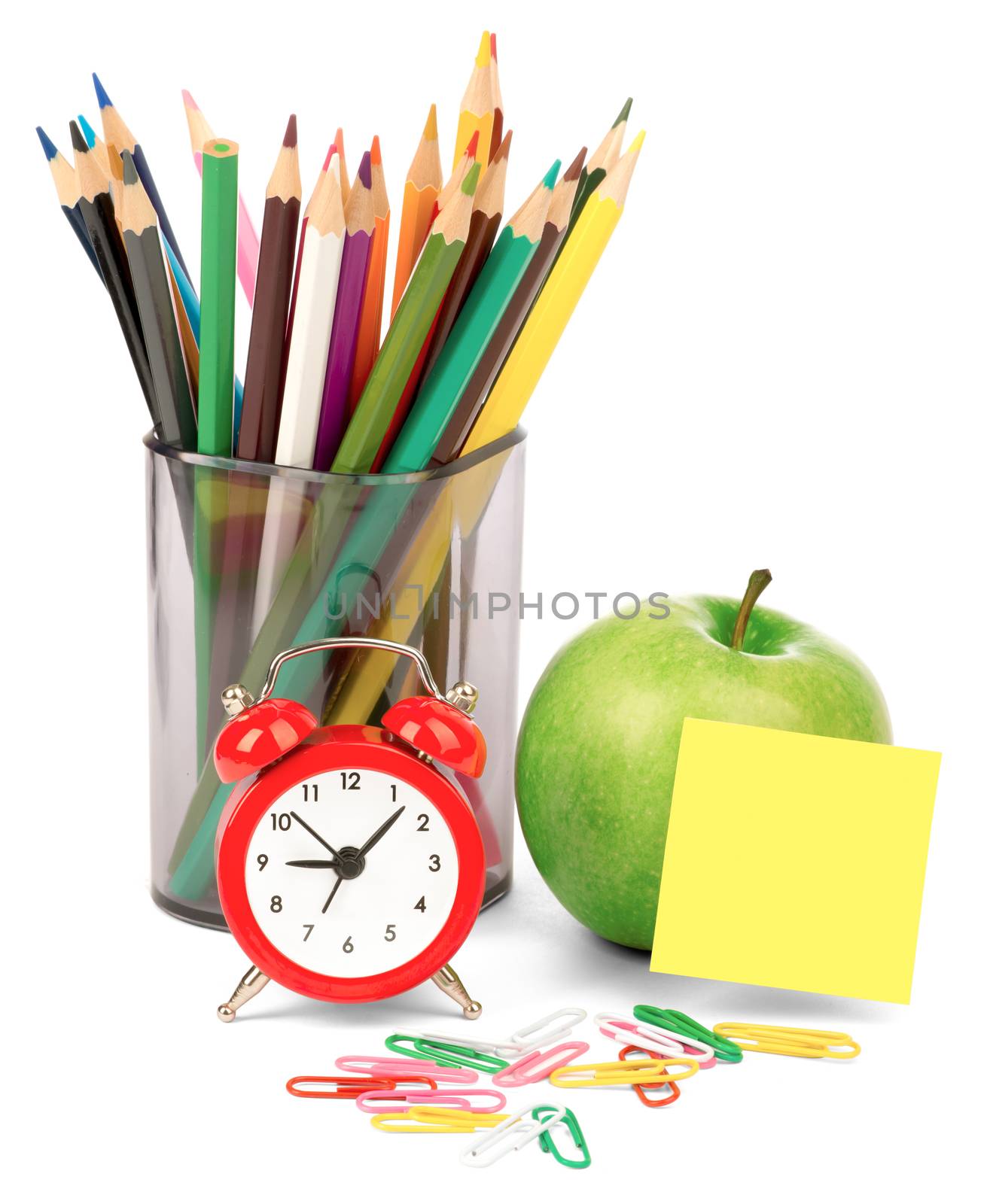 Alarm clock with apple and crayons by cherezoff