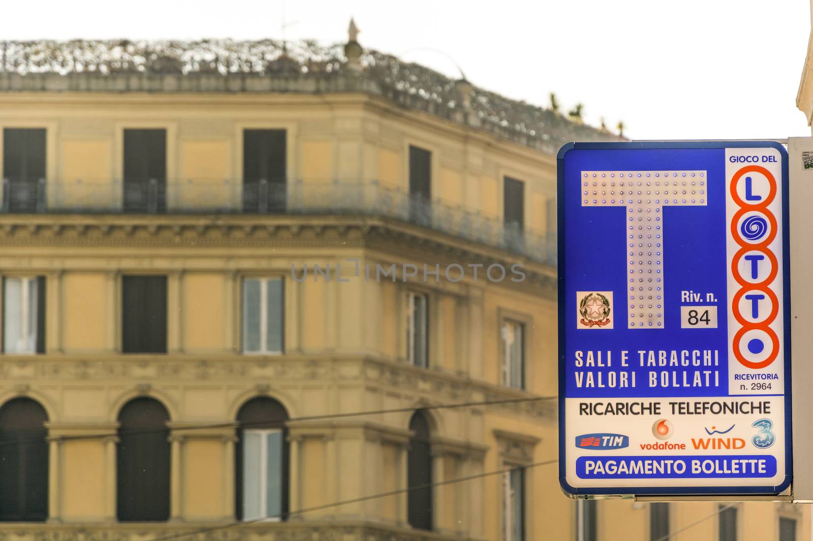 Rome, Italy, 2015: the banner of a tobacconist kiosk in Italy