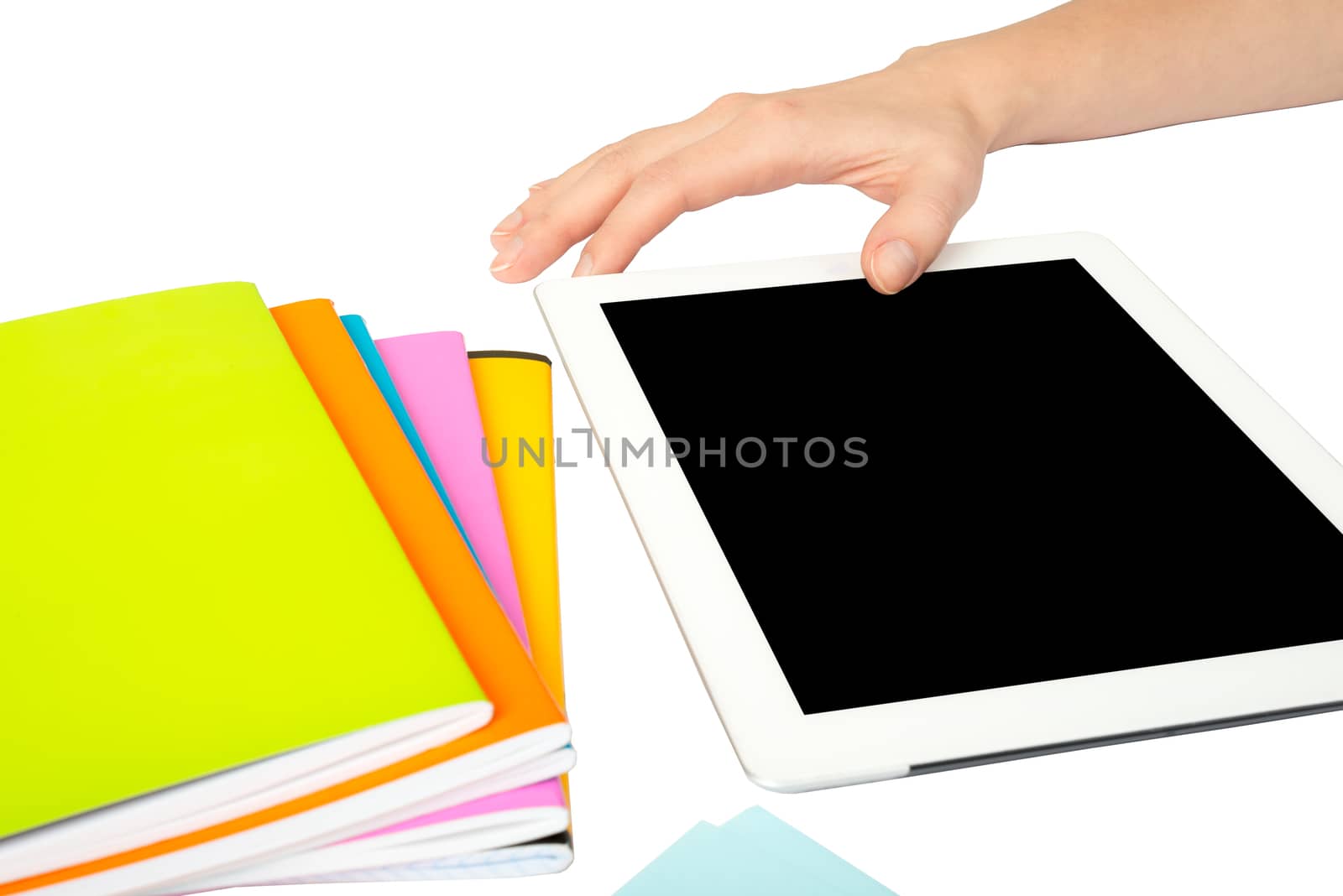 Females hand using tablet isolated on white background, closeup
