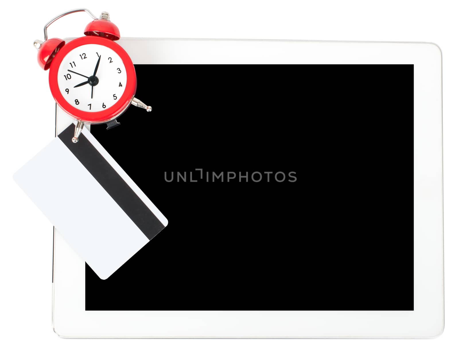 Tablet with alarm clock and credits isolated on white background