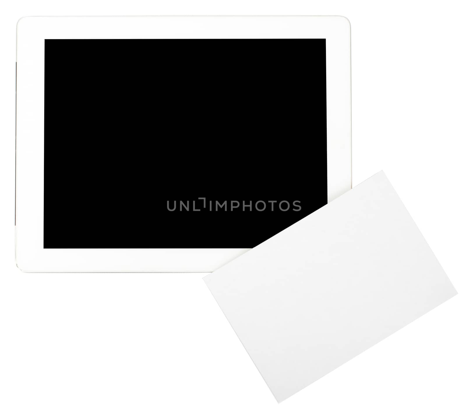 Tablet with blank card isolated on white background