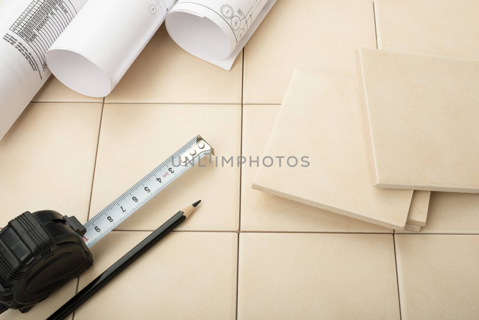 Set of tiles and tile wall with tools. Building concept