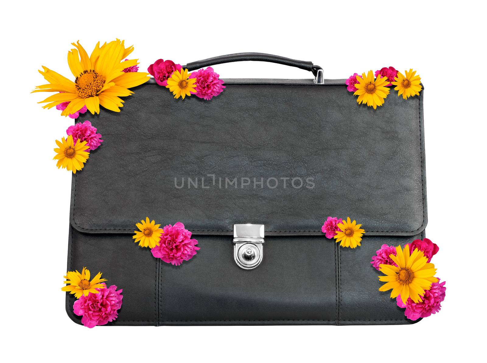 Black suitcase with flowers isolated on white background