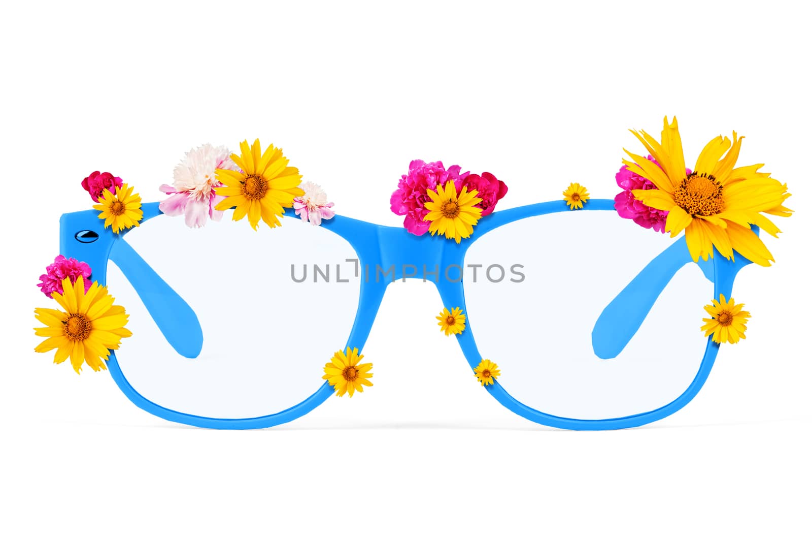 Glasses with flowers isolated on white background