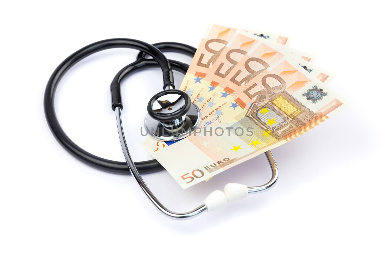 Black professional stethoscope with euro notes isolated on white background