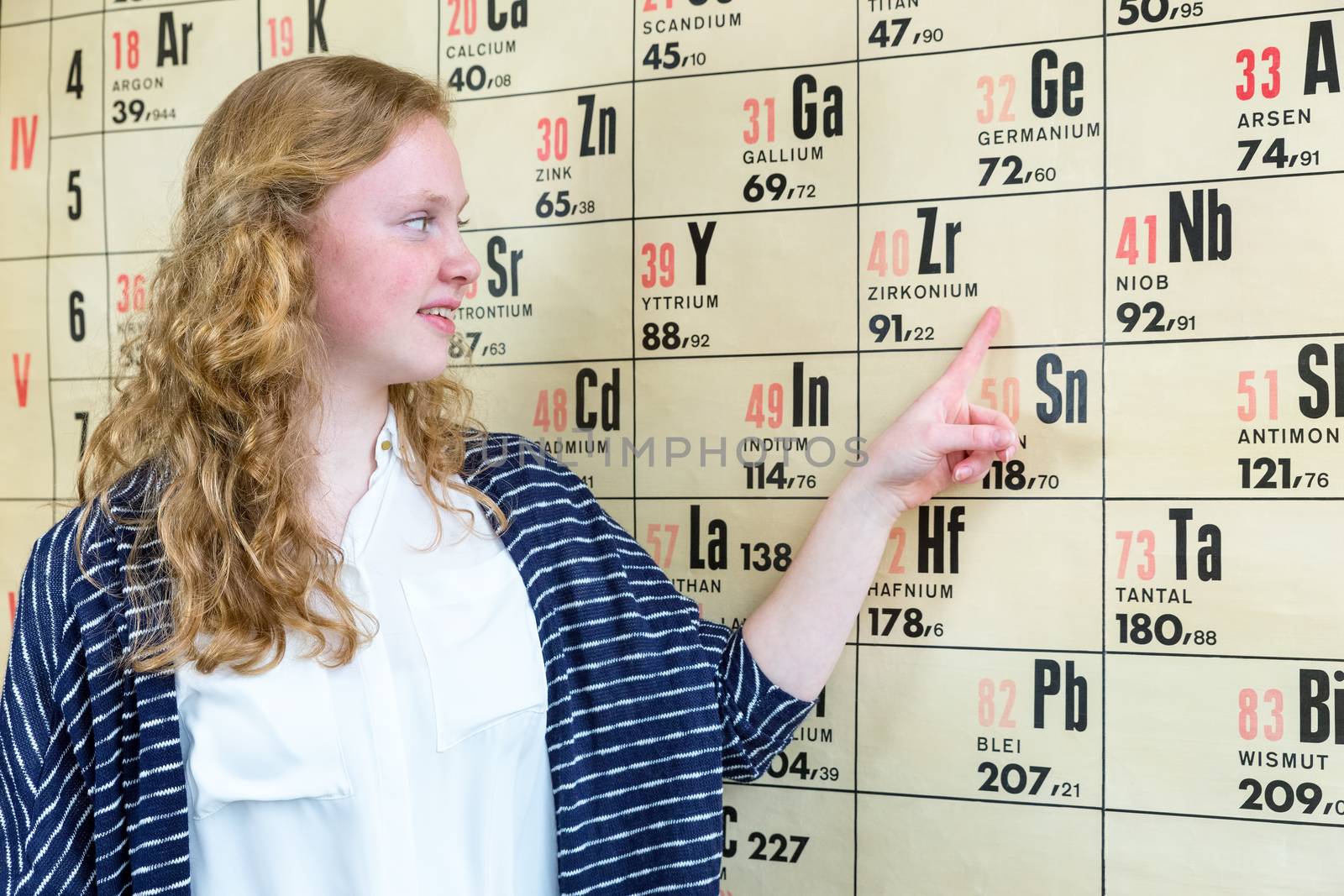 Female european school pupil pointing at wallchart with periodic table in chemistry lesson