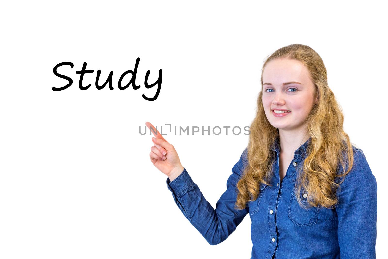 Dutch teenage girl pointing at word Study on white board by BenSchonewille