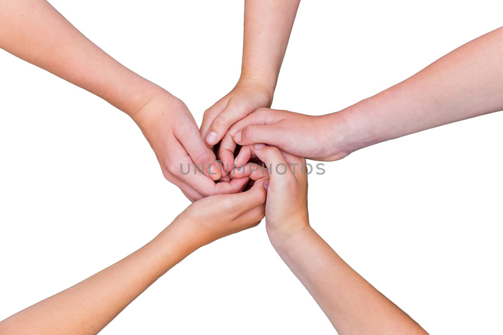 Five children's arms with hands entwined isolated on white background