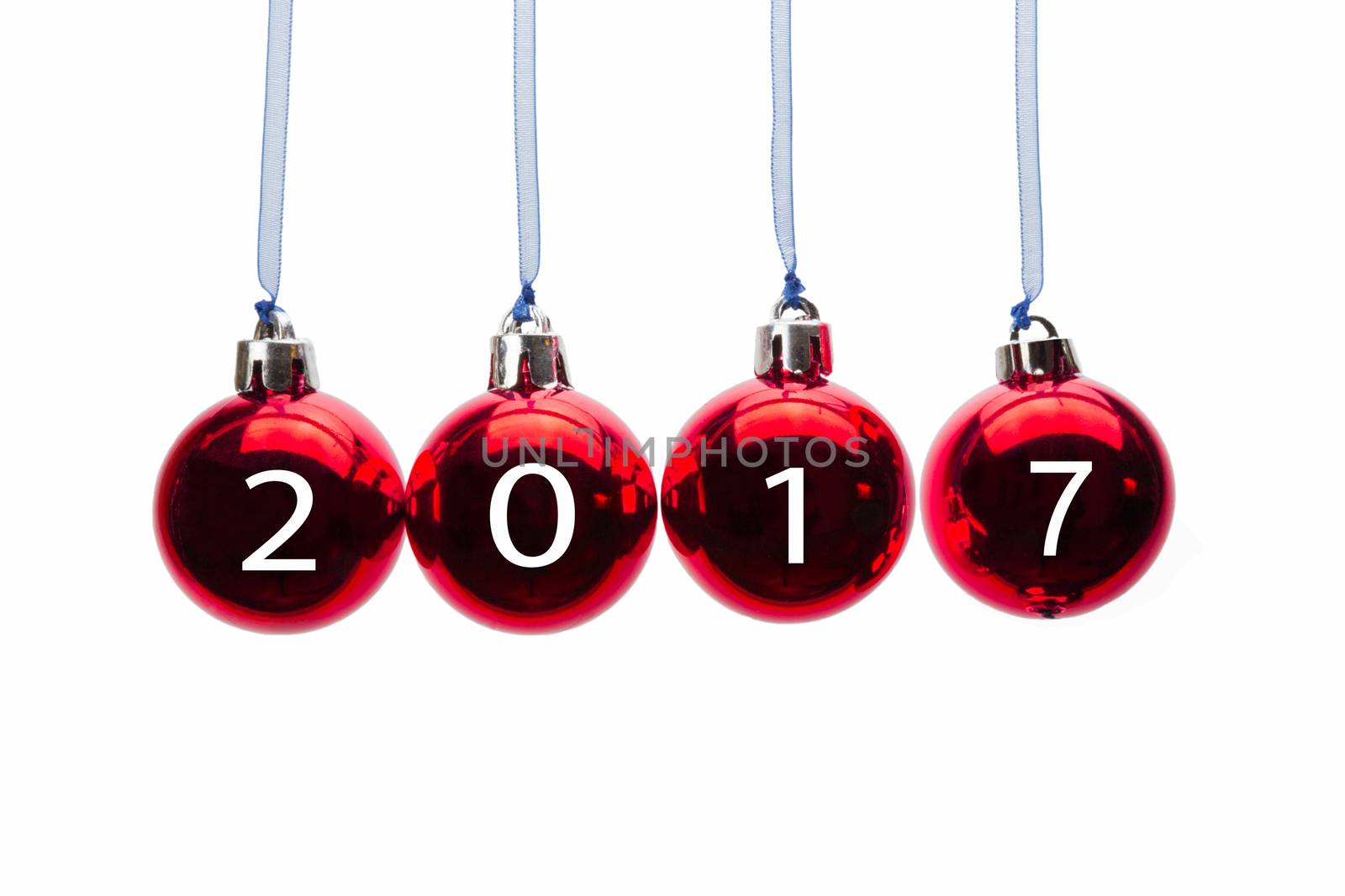 Four red christmas balls with new year 2017 numbers by BenSchonewille