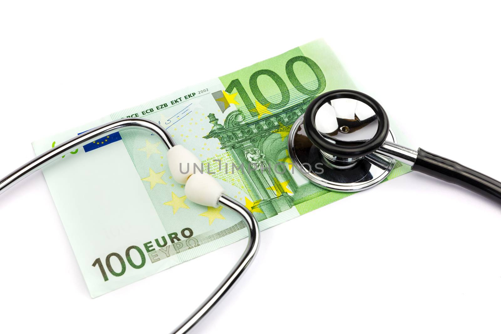 Hundred euro note with professional stethoscope on white backgro by BenSchonewille