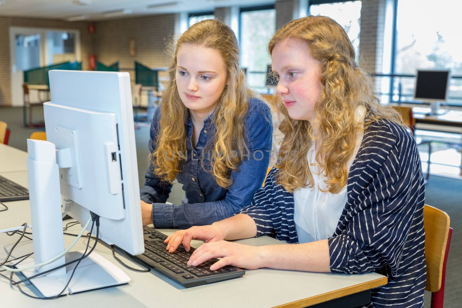 Two female students working together on computer in classroom by BenSchonewille