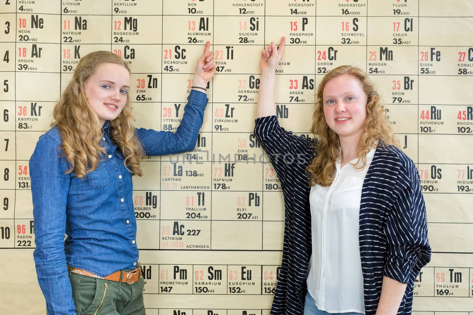 Two female students point at wall chart periodic table in chemistry lesson