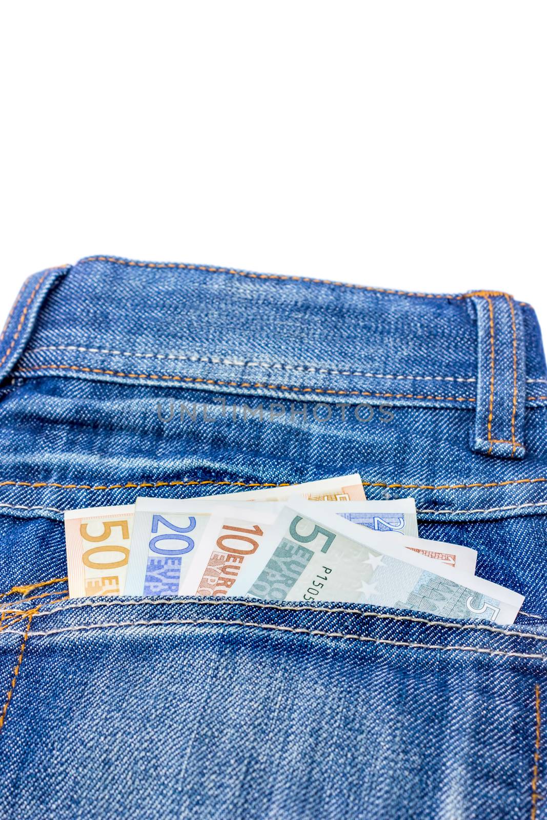 Various euro notes in jeans back pocket by BenSchonewille