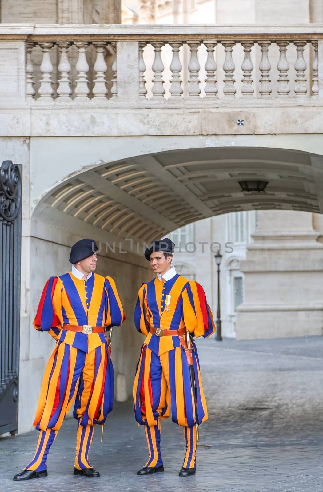 Vatican, Italy - June 26, 2014: Members of the Pontifical Swiss Guard stand guard in Saint Peters Basilica in Vatican