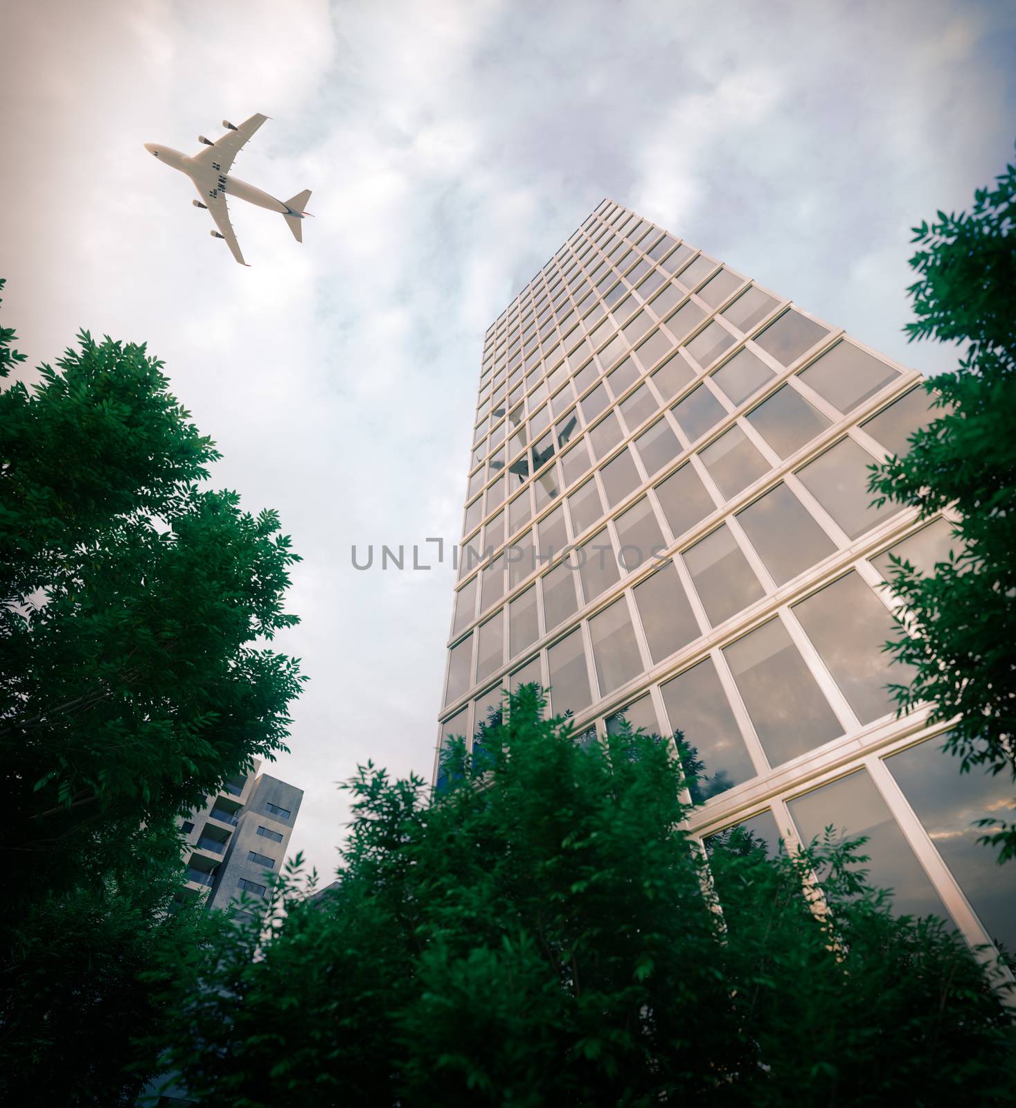 buildings with flying airplane and trees concept business and tourism background 3d illustration by denisgo