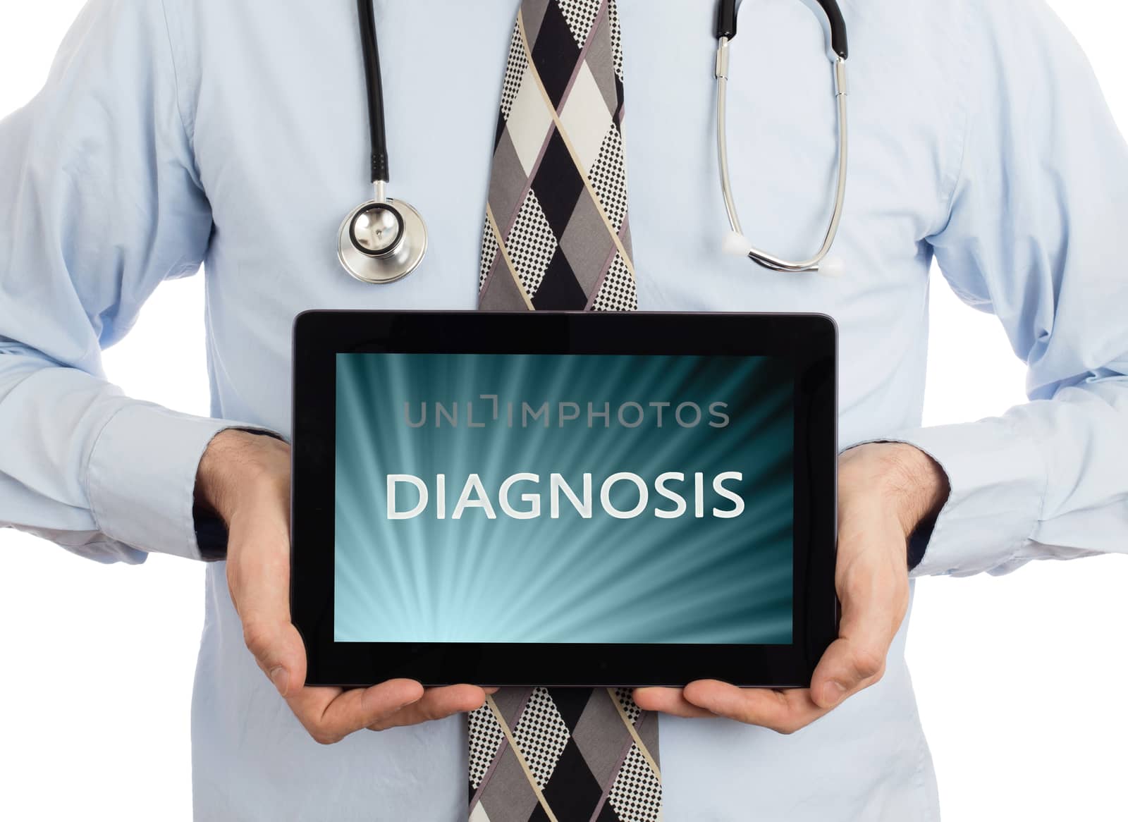 Doctor, isolated on white background,  holding digital tablet - Diagnosis