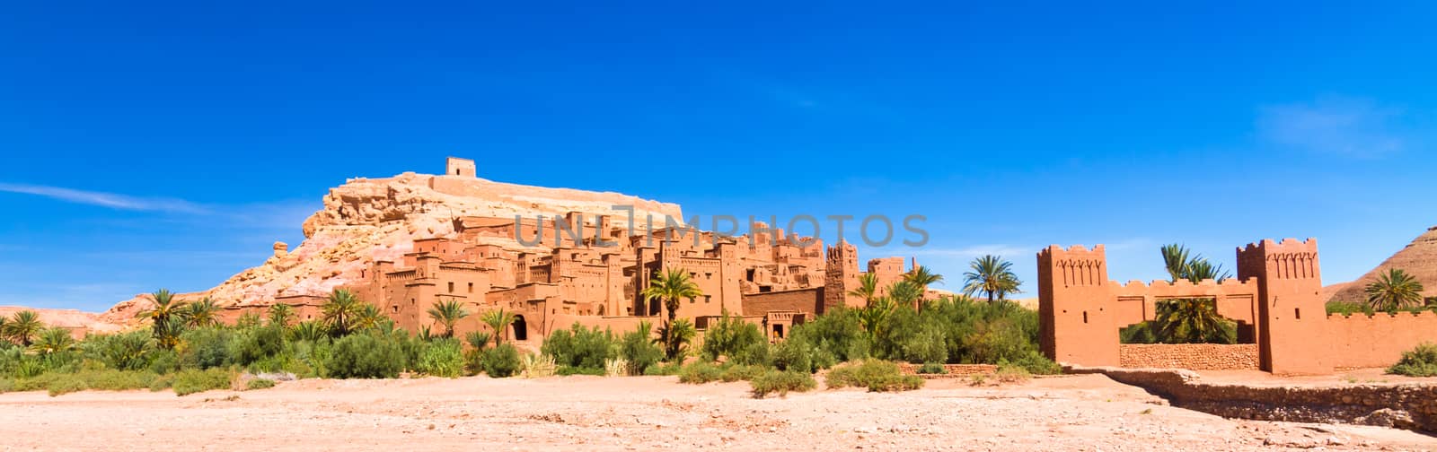 Panorama of the ancient moroccan kasbah Ait Benhaddou, near Ouarzazate, Morocco - Unesco world heritage.
