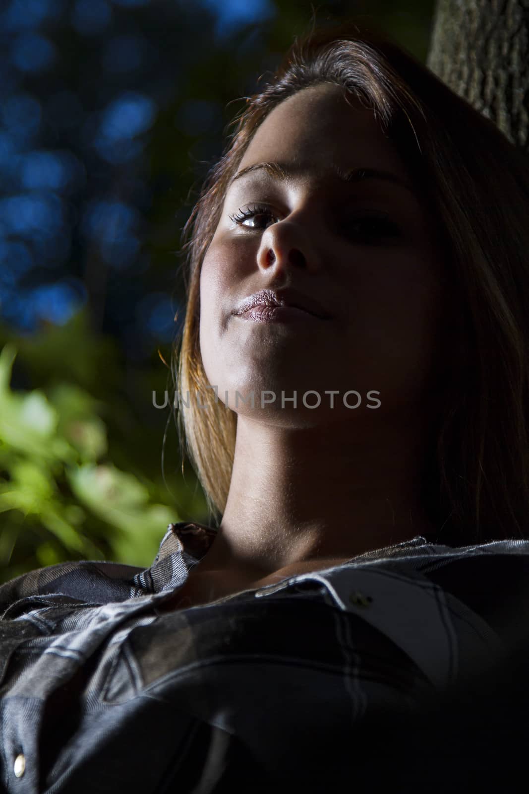 backlite portrait of a young woman sitting in a tree