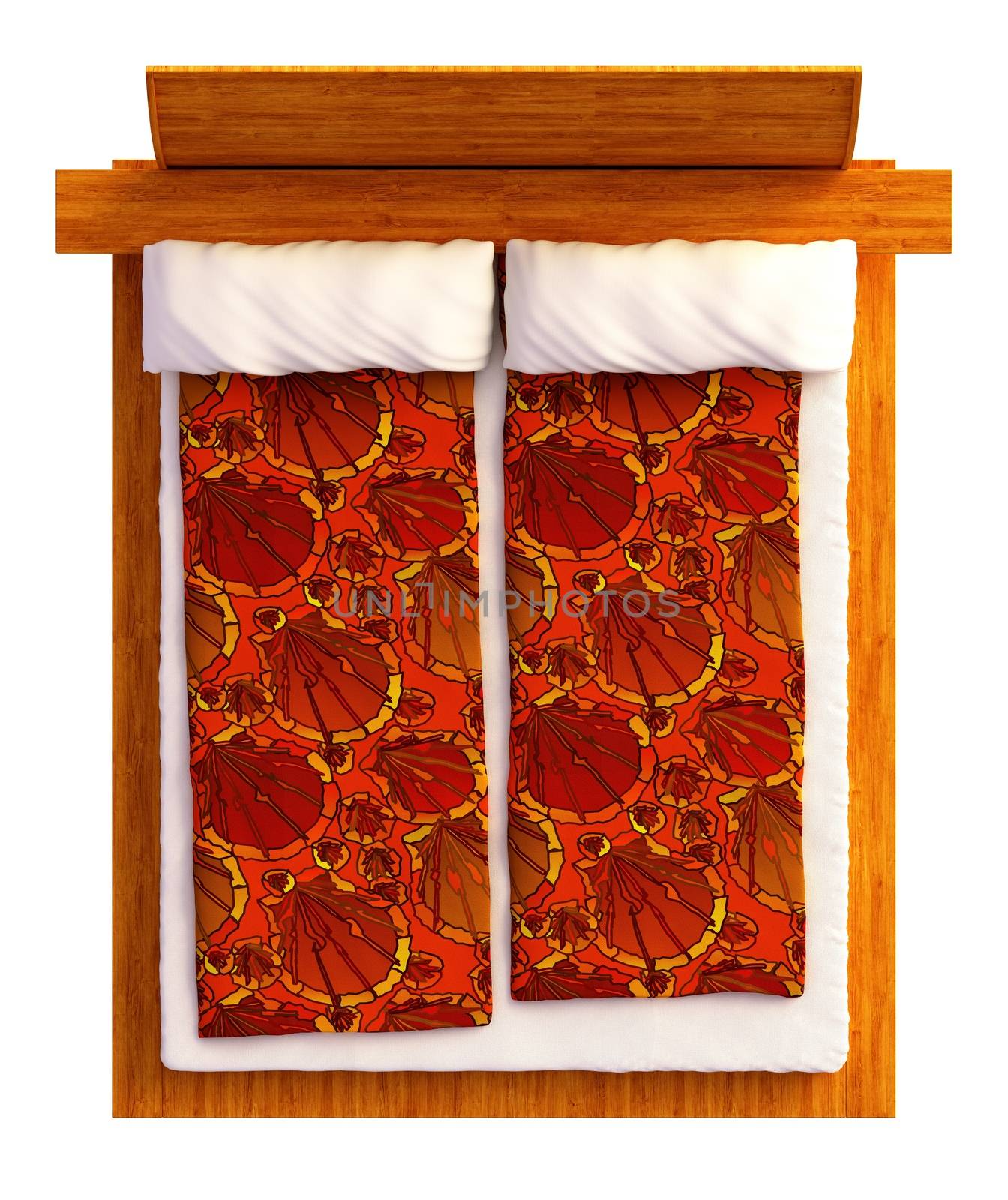 Top view of a bed with a blanket and a pillow isolated on white.