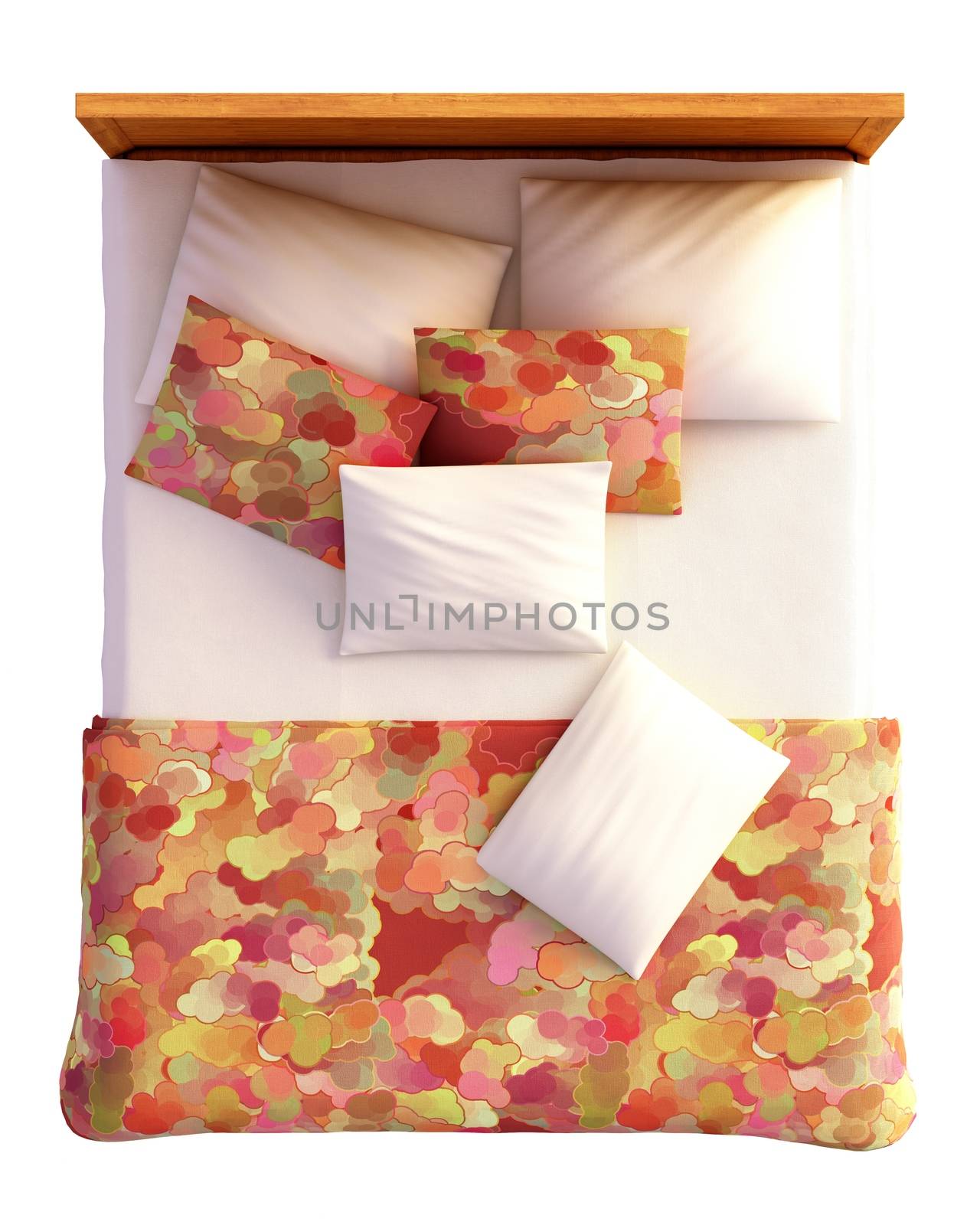 Top view of a bed with a blanket and a pillow isolated on white.