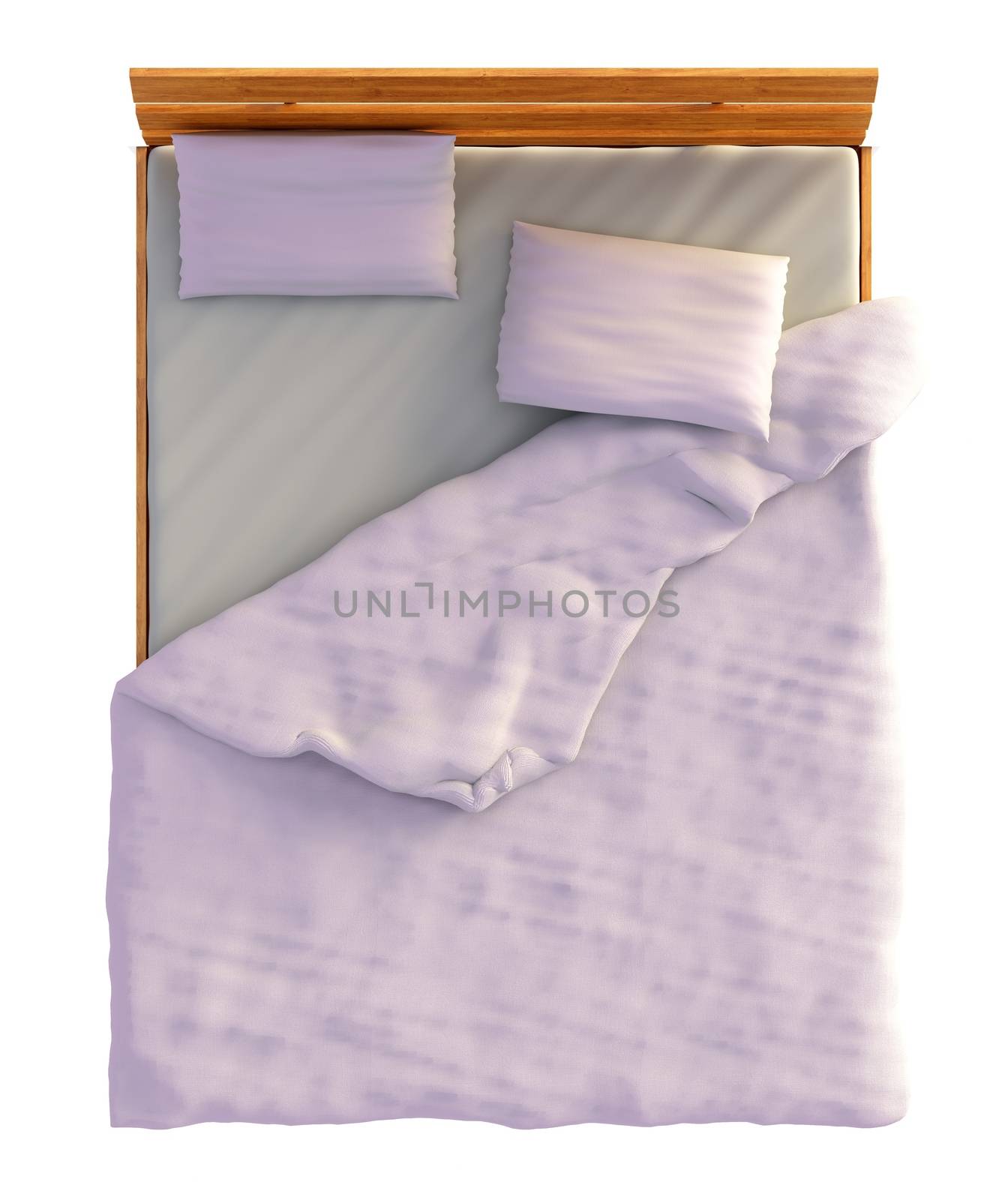 Top view of a bed with a blanket and a pillow isolated on white.