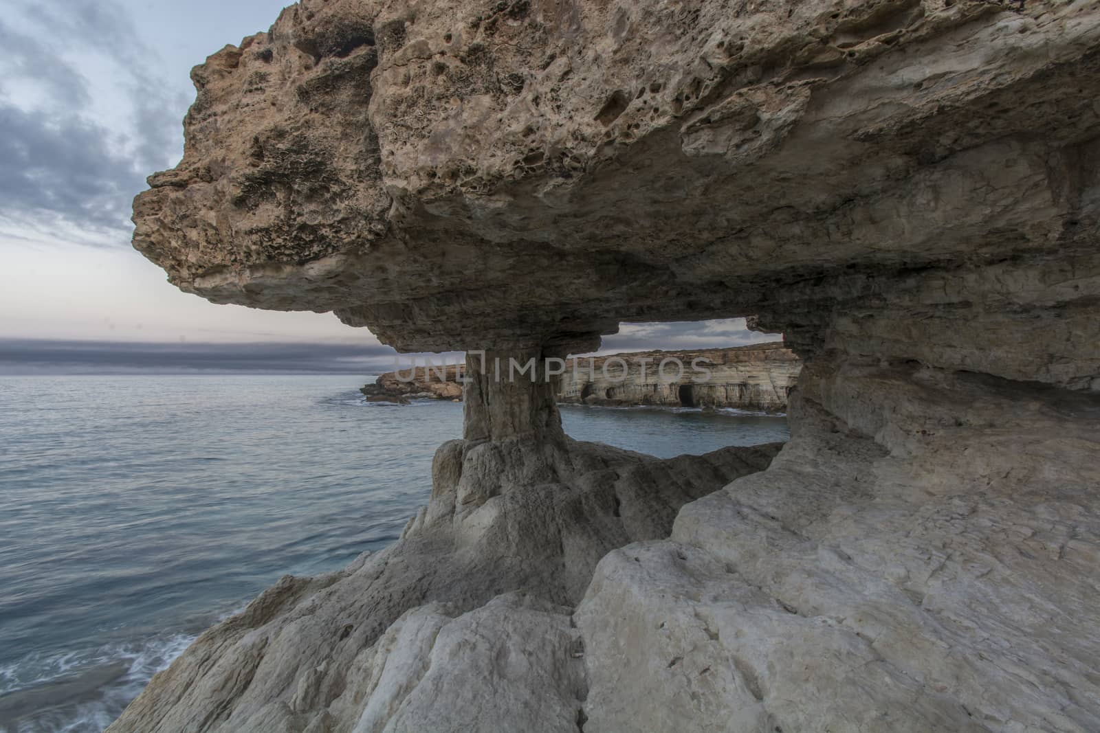 Sea caves along the rocky coast near Agia Napa, South Cyprus, Cyprus