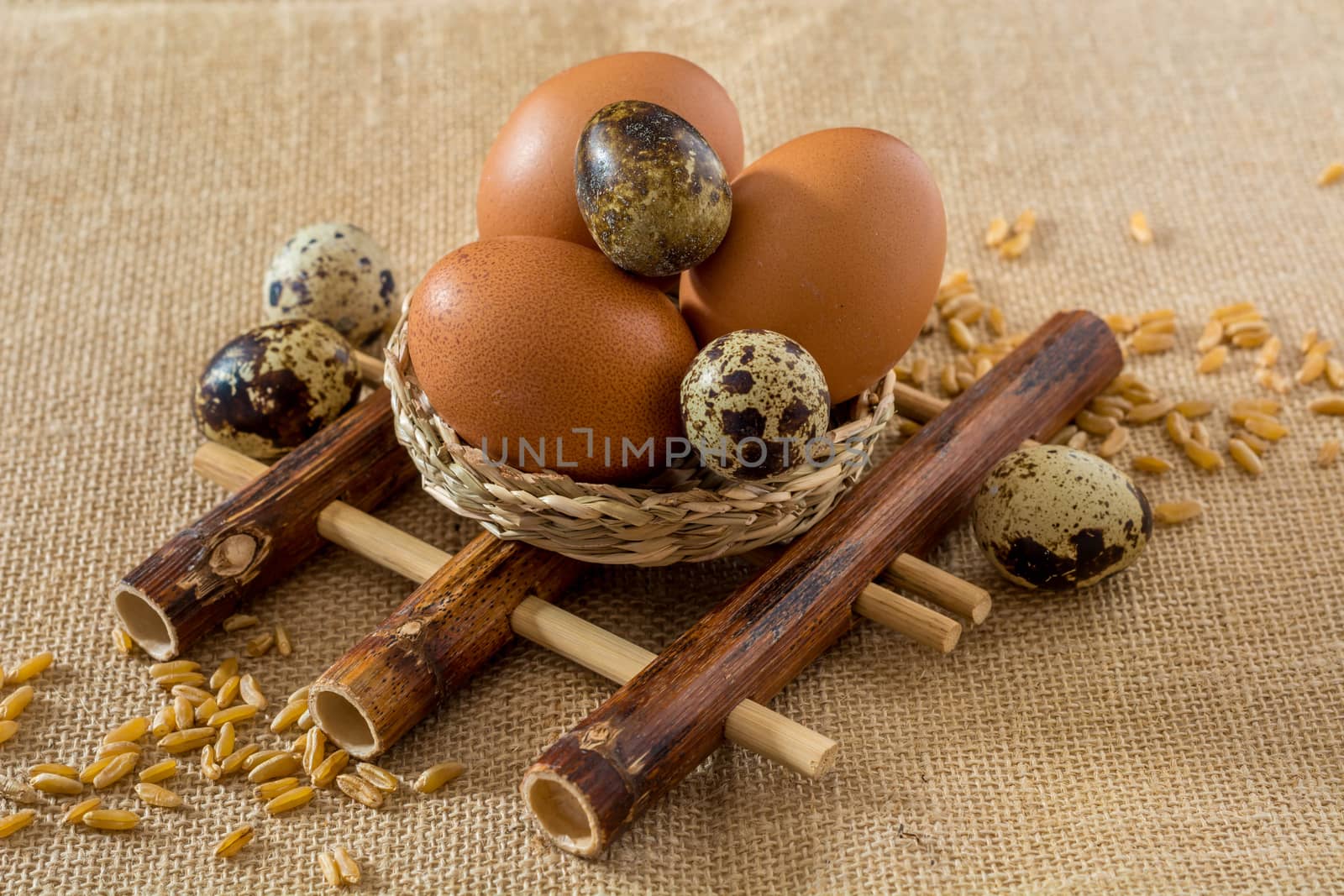 Chicken and quail eggs and wheat on bamboo pad
