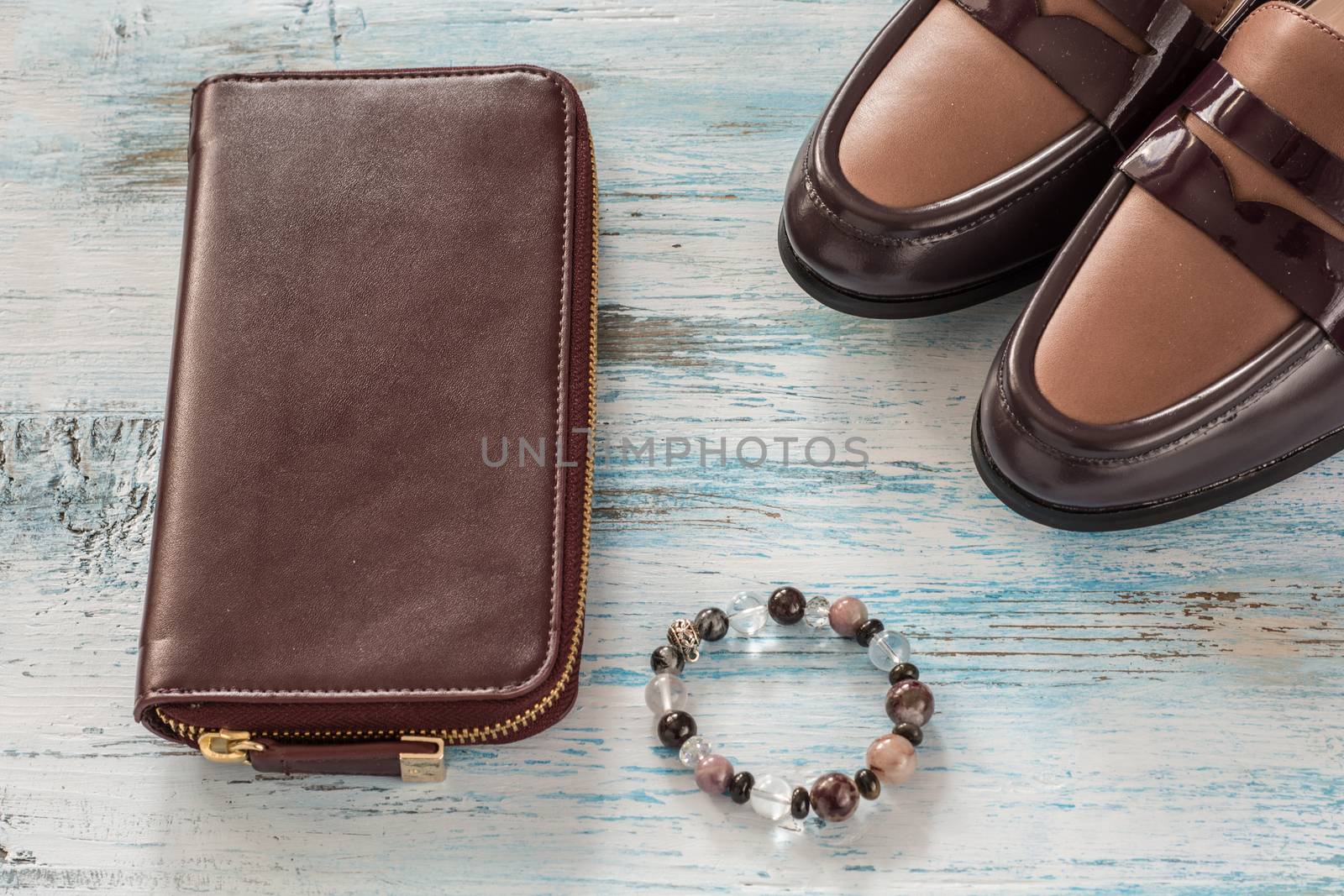 Still life of random objects of modern woman.Aerial view