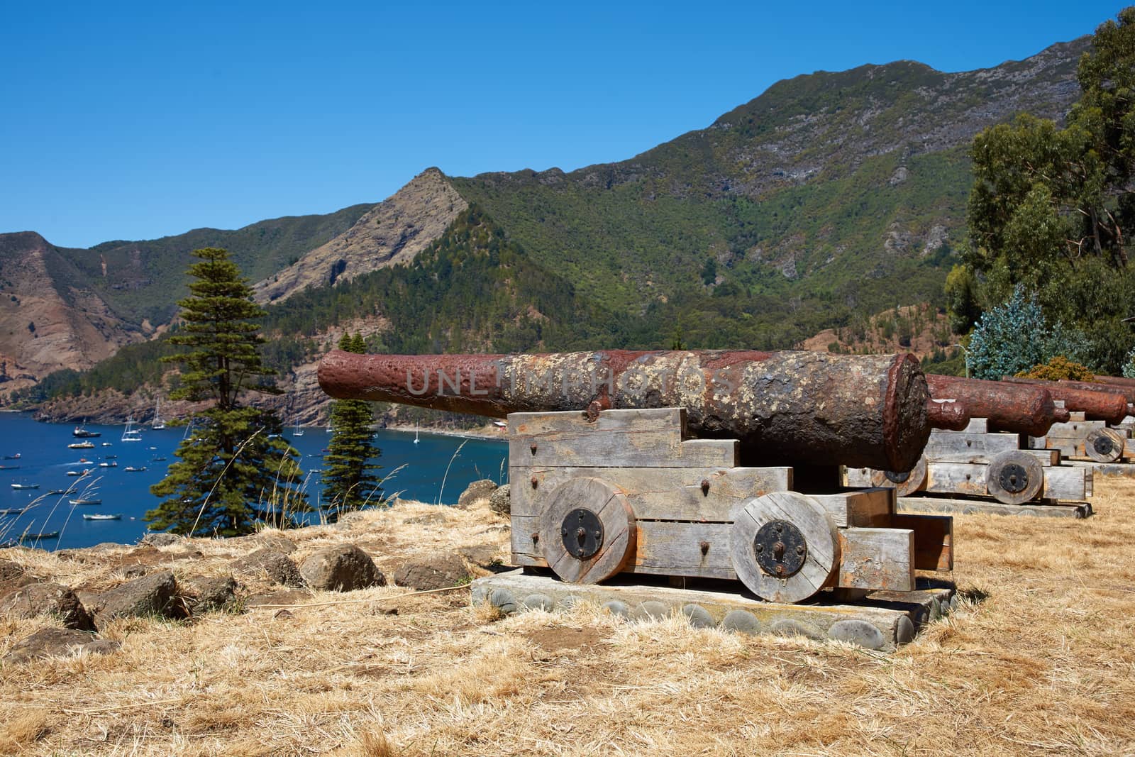 Historic Spanish fort overlooking Cumberland Bay and the town of San Juan Bautista on Robinson Crusoe Island, one of three main islands making up the Juan Fernandez Islands some 400 miles off the coast of Chile.