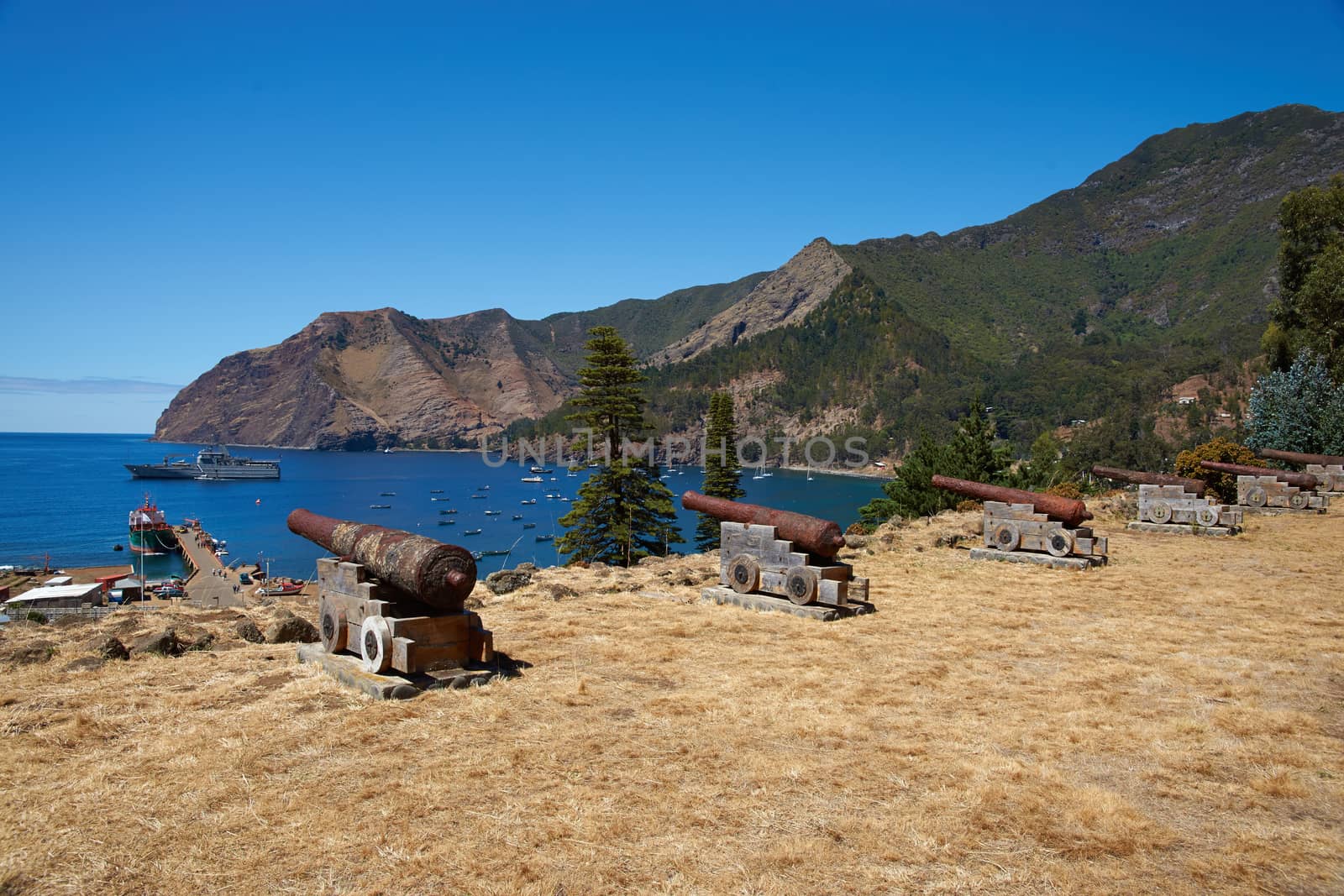 Historic Spanish fort overlooking Cumberland Bay and the town of San Juan Bautista on Robinson Crusoe Island, one of three main islands making up the Juan Fernandez Islands some 400 miles off the coast of Chile.