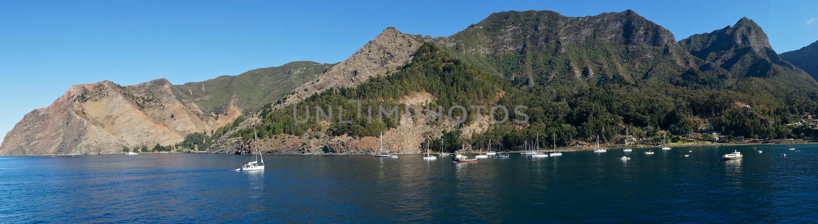 Cumberland Bay on Robinson Crusoe Island, one of three main islands making up the Juan Fernandez Islands some 400 miles off the coast of Chile.