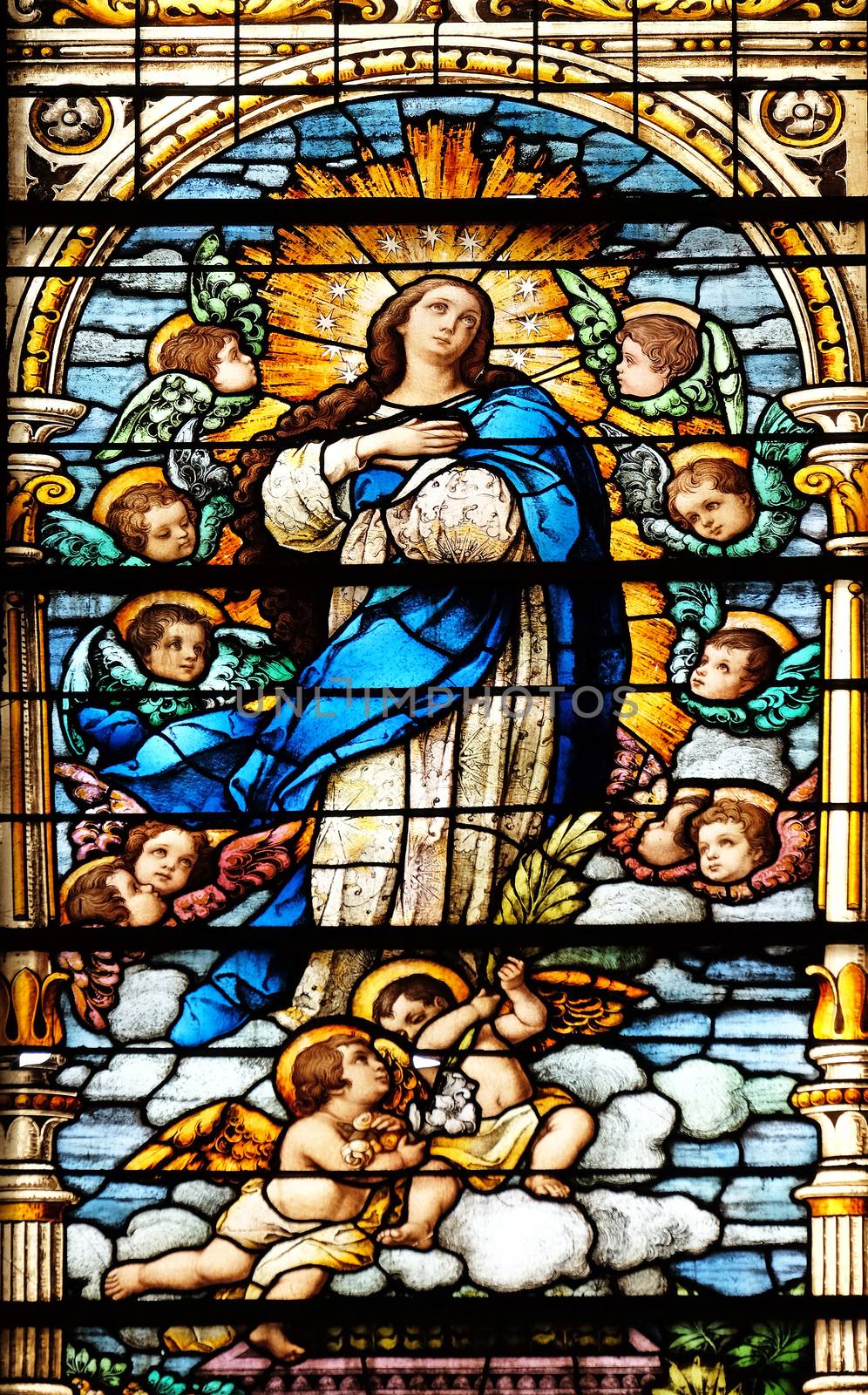 Assumption of the Virgin Mary, stained glass window in the Basilica of the Sacred Heart of Jesus in Zagreb, Croatia