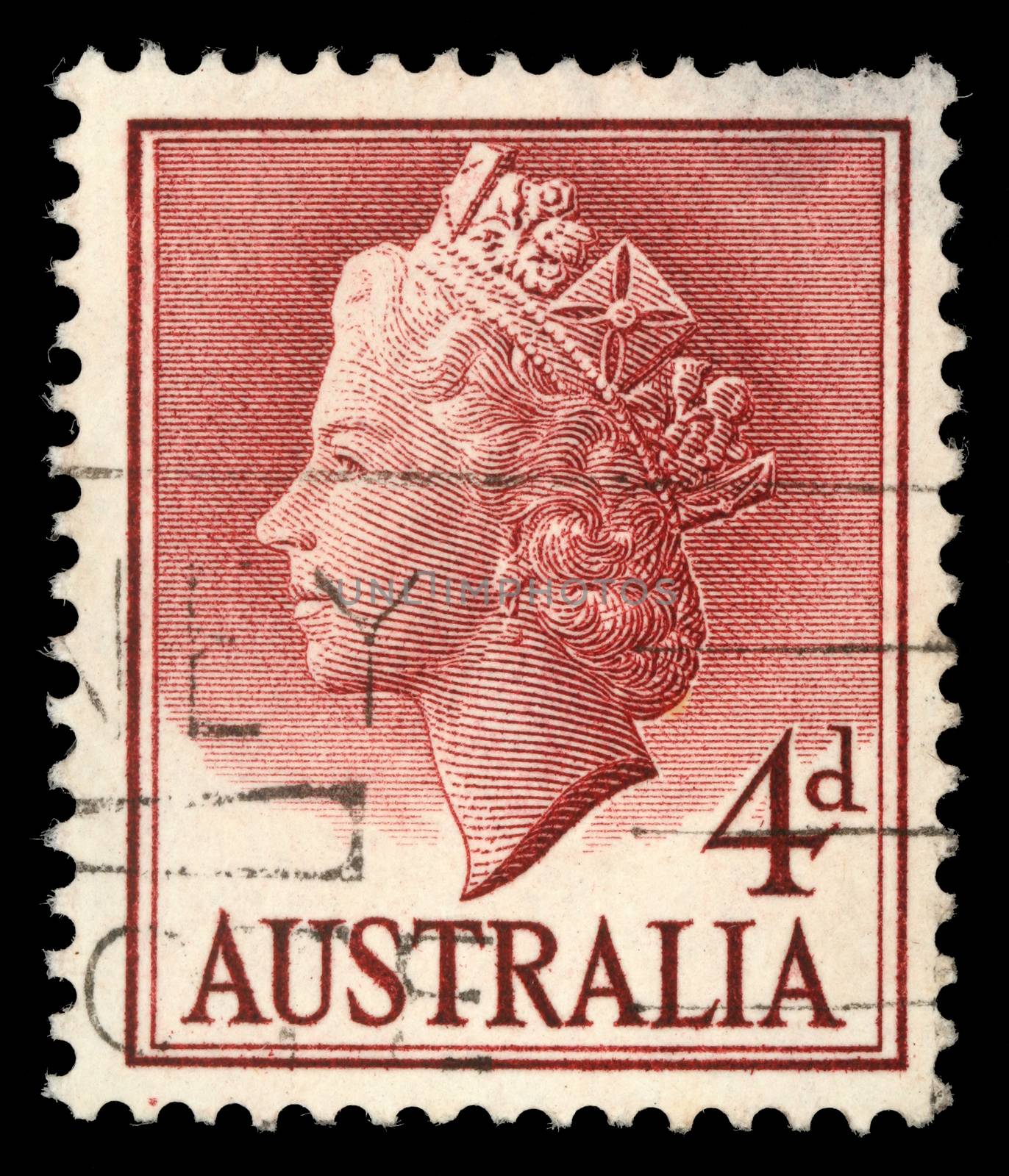 Stamp printed in Australia shows Queen Elizabeth II, circa 1955.