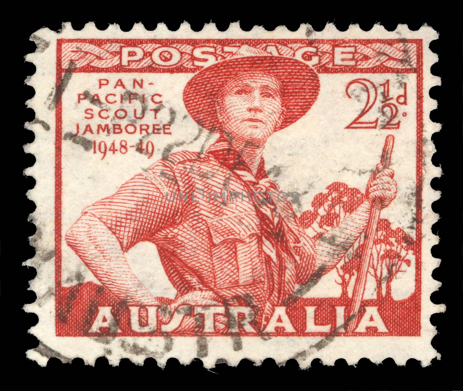 Stamp printed in Australia dedicated to Pan-Pacific Scout Jamboree, Victoria, portrayed Scout in Uniform, circa 1952