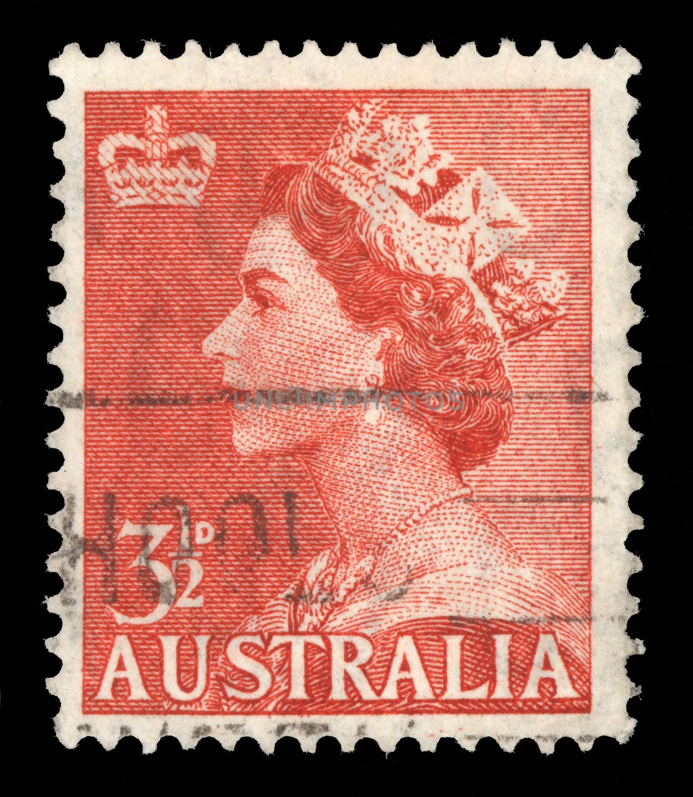 Stamp printed in Australia shows Queen Elizabeth II, circa 1953