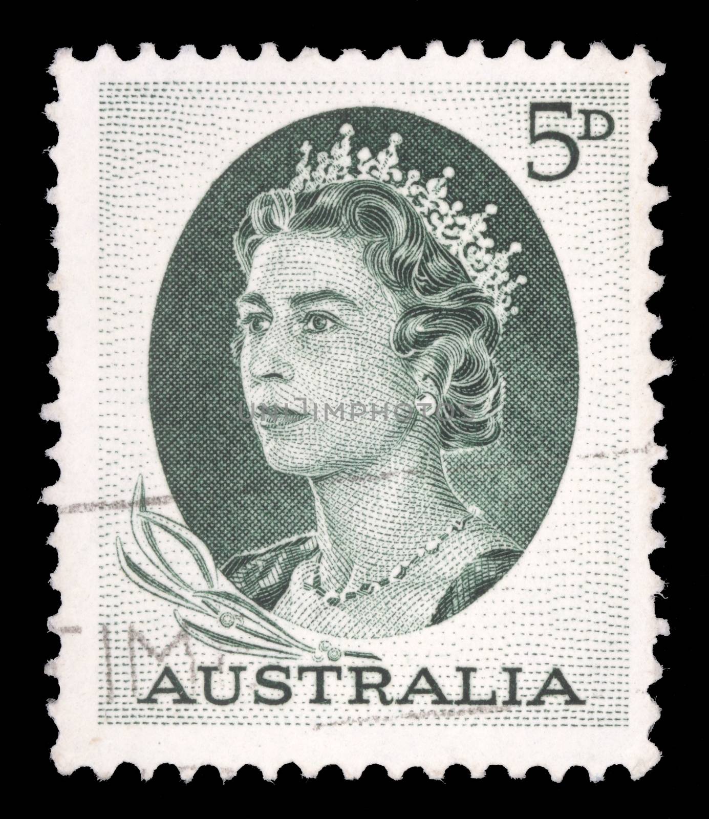 Stamp printed in Australia shows portrait of Queen Elizabeth II, circa 1963
