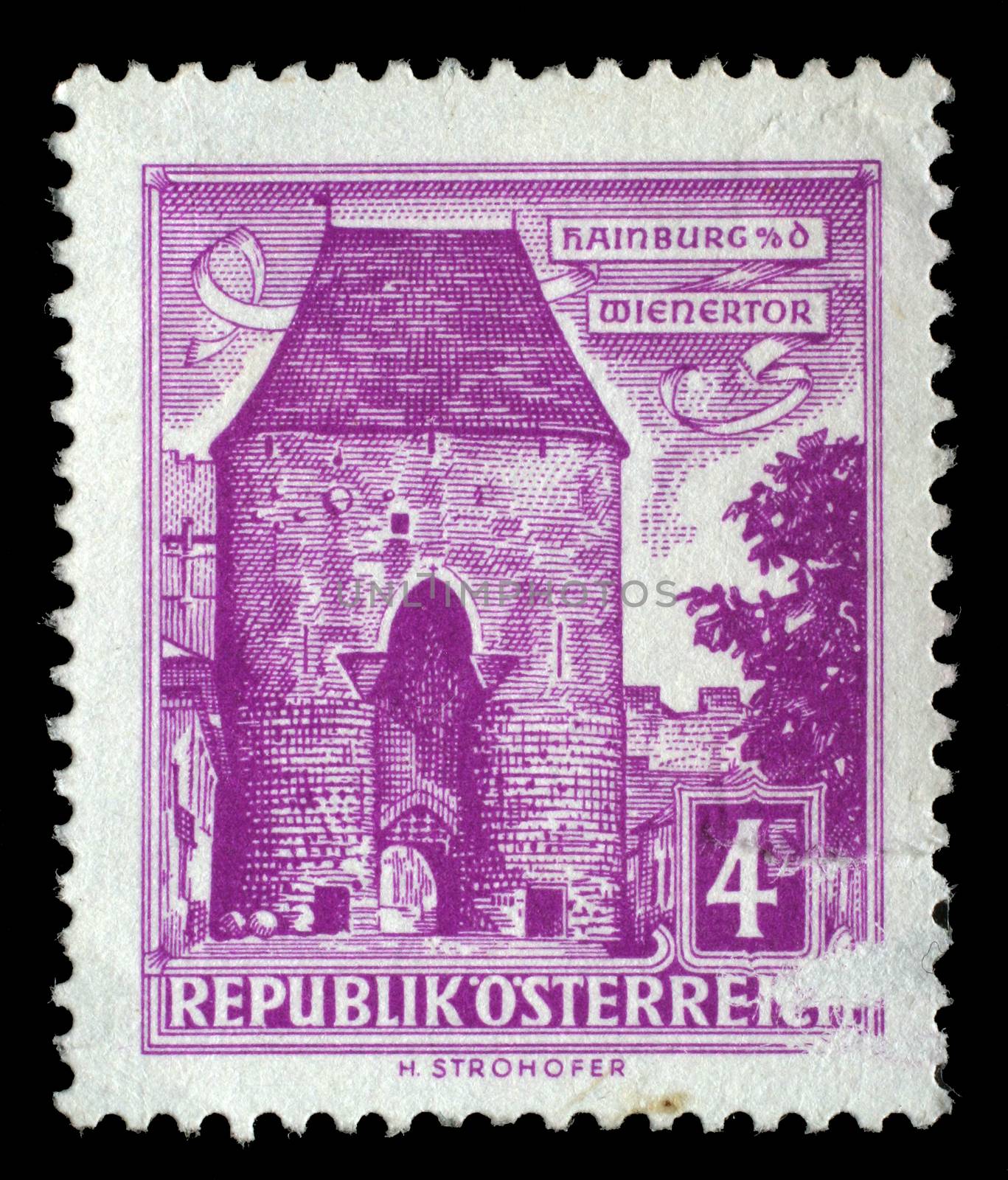 Stamp printed in the Austria shows Vienna Gate, Hainburg, circa 1960